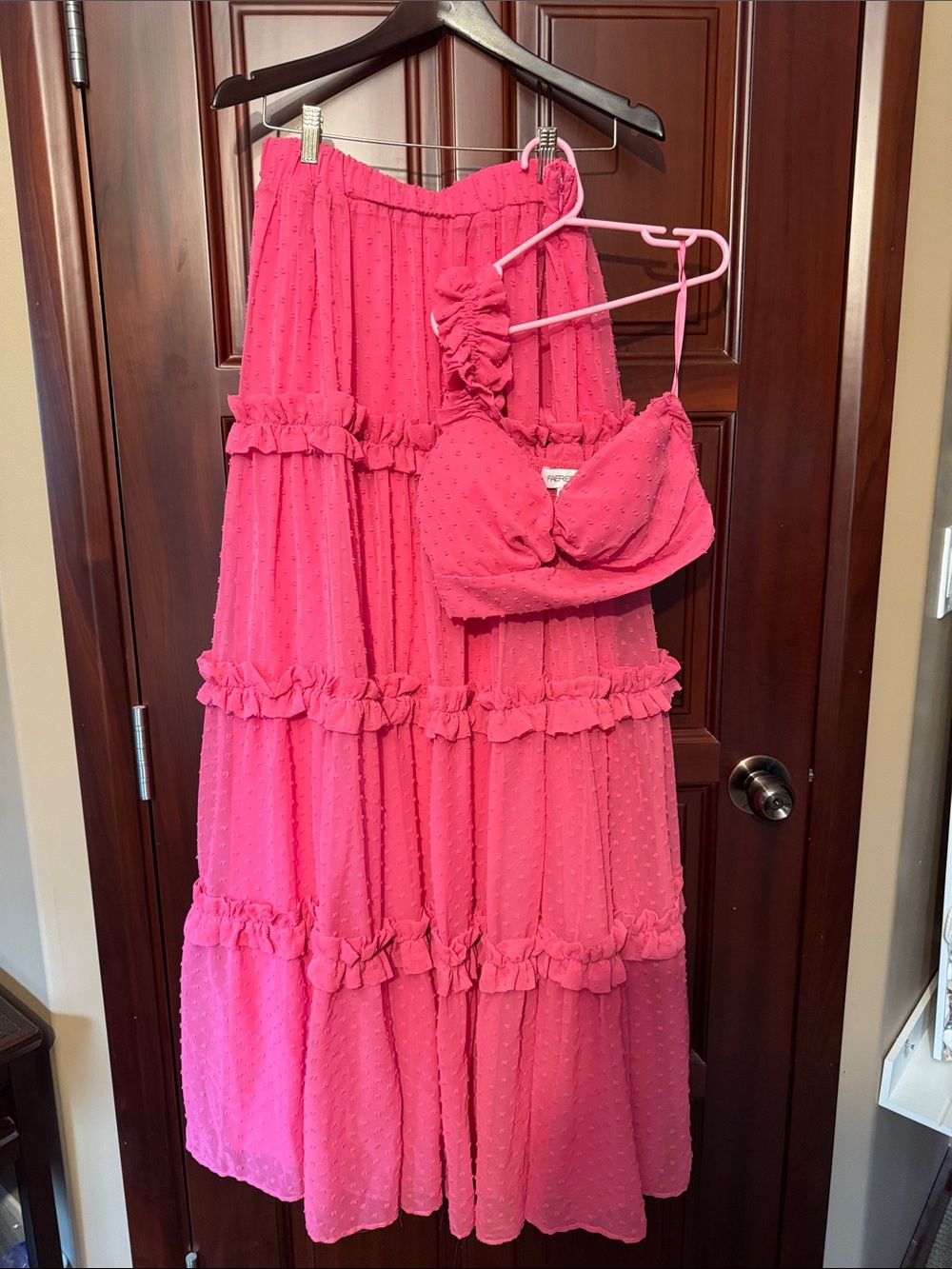 Hot Pink Ruffled Tiered Maxi Skirt with Matching Crop Top